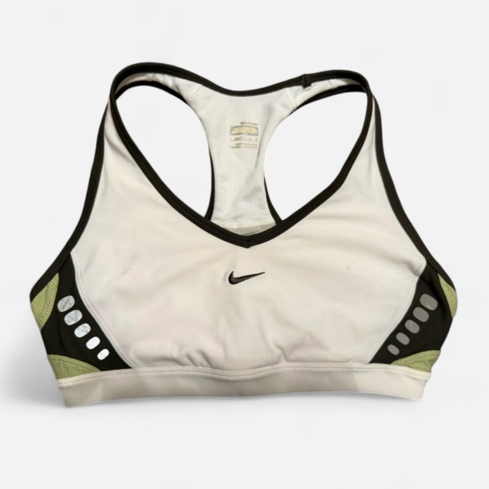 Nike Women's White and Brown Sports Bra with Green Accents